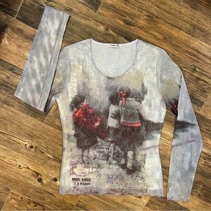 PUBLIC Sheer Mesh Paris Graphic Top – Y2K Long Sleeve Art Print